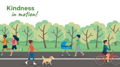an illustration with the words kindness in motion of people using the correct side of the greenway