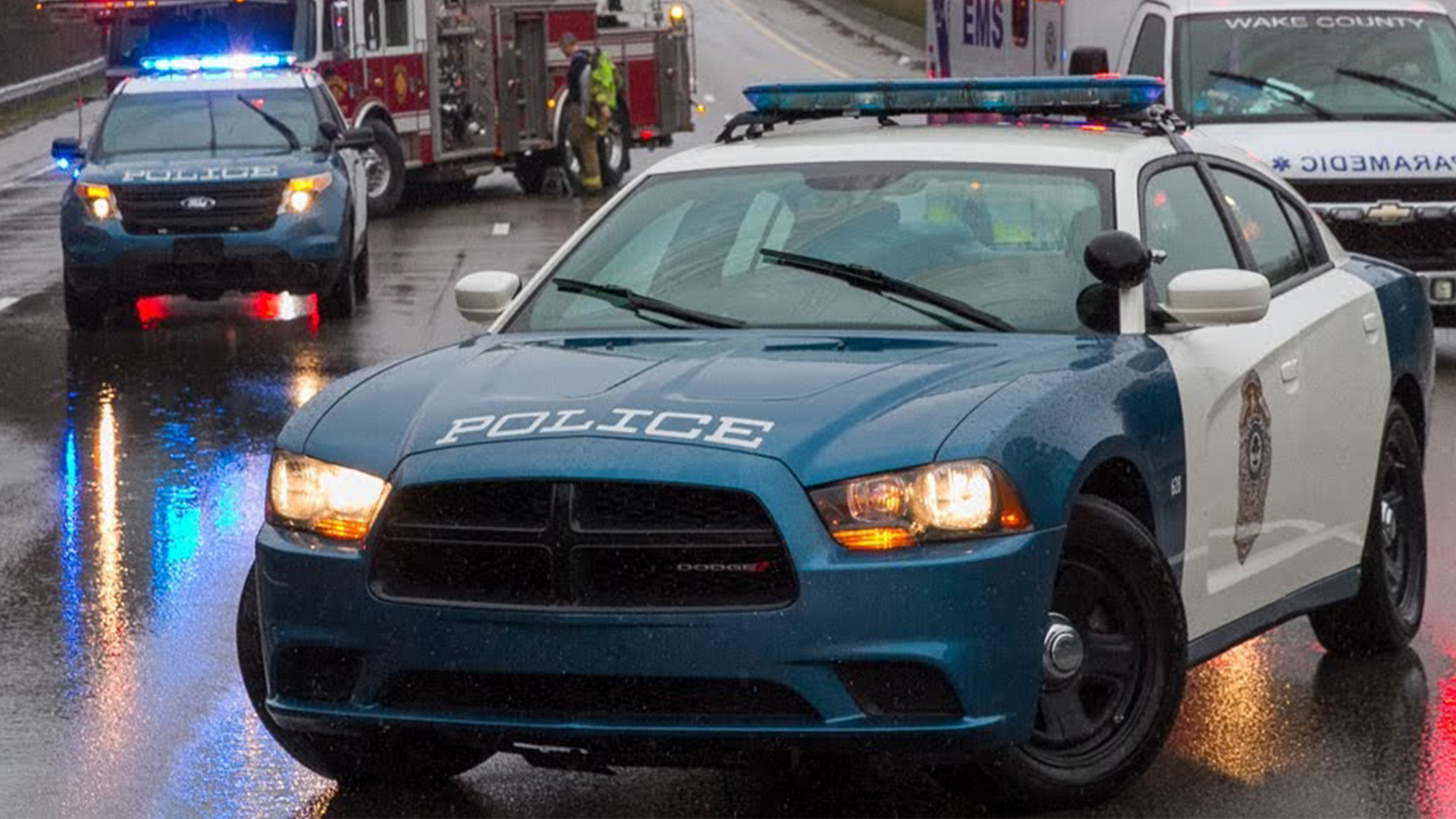 Raleigh Police Vehicle in roadway blocking traffic for an accident