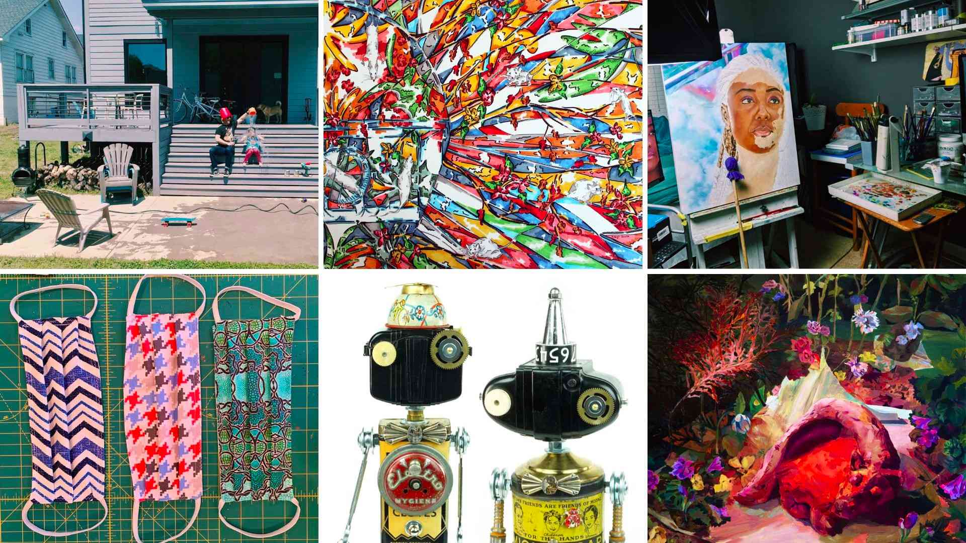 a grid of stills and artwork from Joshua Steadman, Robyn Scott, Lakeshia Reid, Joyce Watkins King, Amy Flynn, and Geddes Levenson.