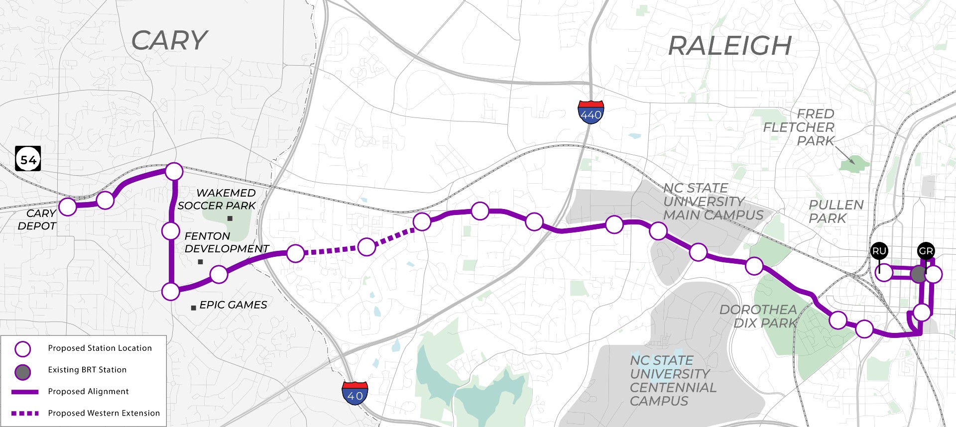 Map of Western Boulevard and the stations planned for Bus Rapid Transit
