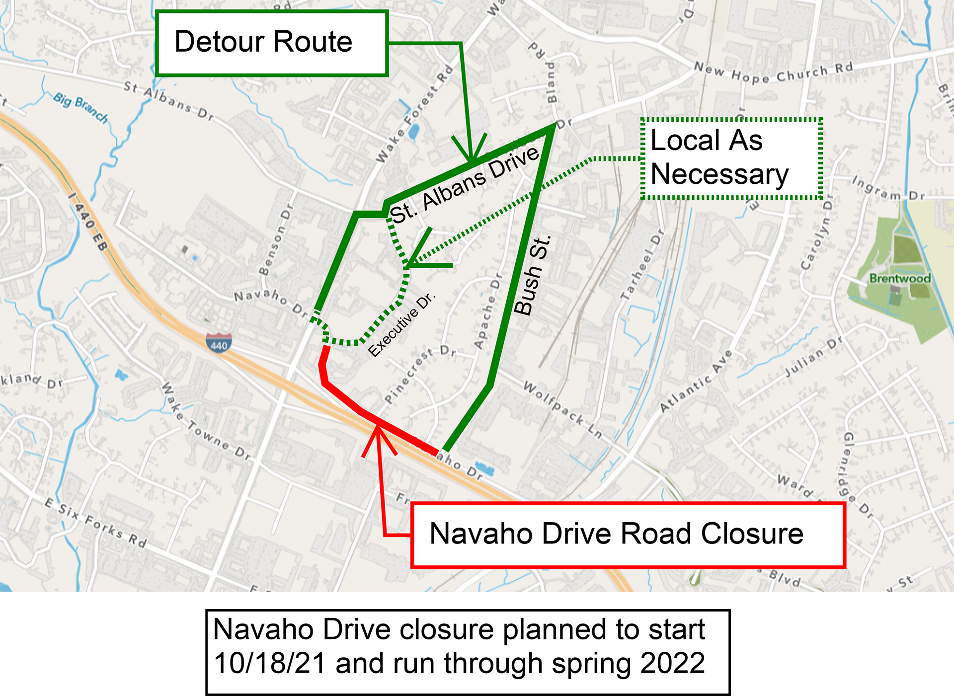 a map of the detour route - Wake Forest Road to St. ALbans Drive to Bush Street