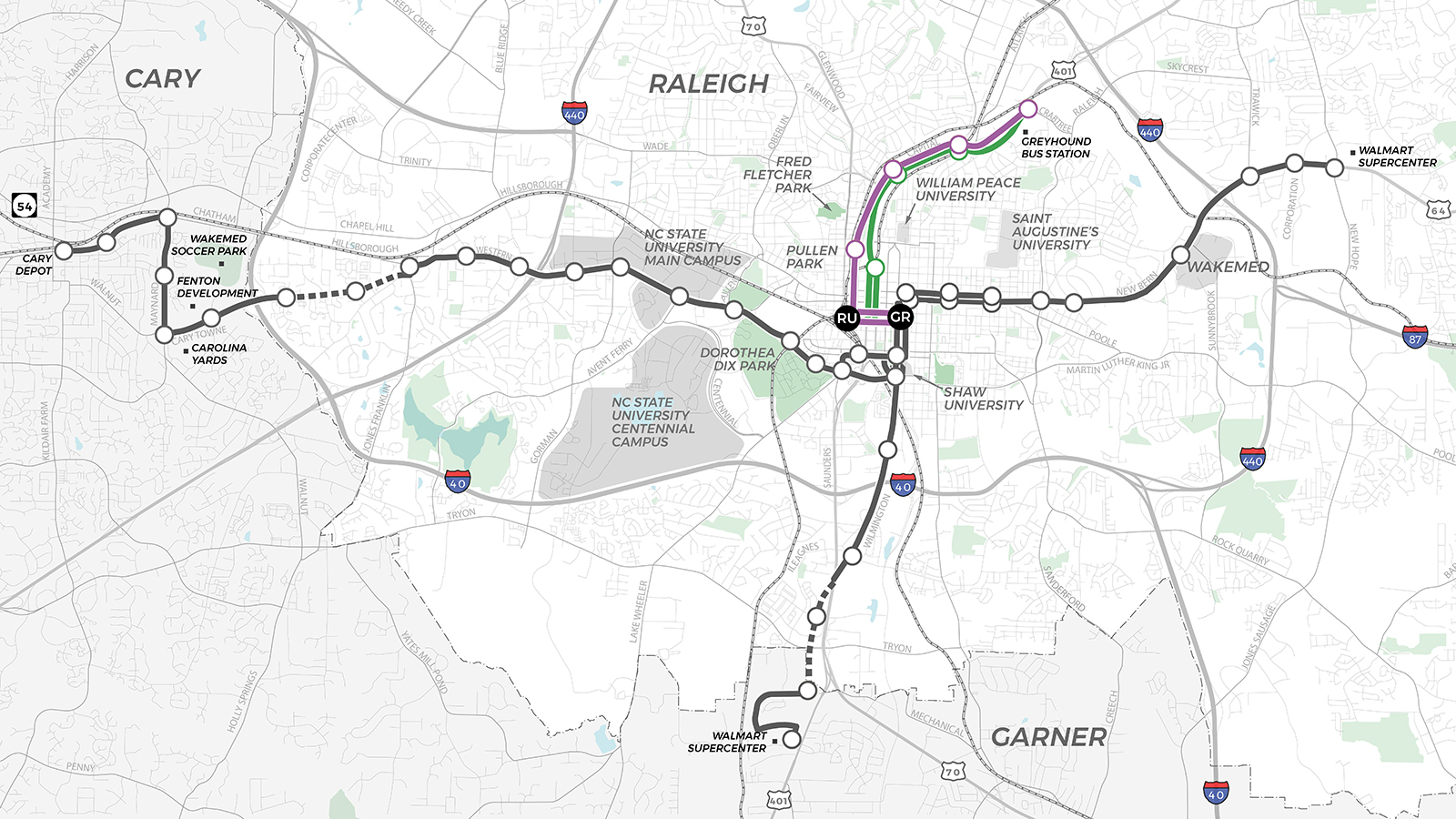 Map of BRT corridors in Raleigh