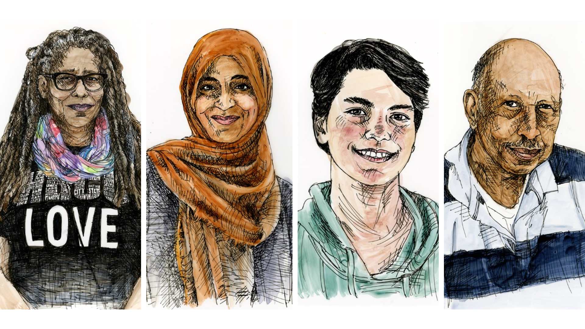 A collage of four portrait drawings by artist Deborah Aschheim