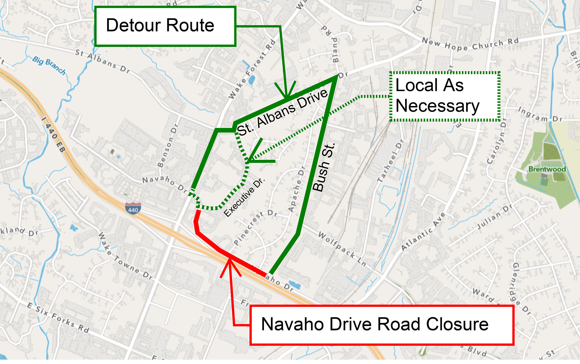 map shows detour for Navaho Drive - St. Albans Drive to Bush Street to Navaho Drive 