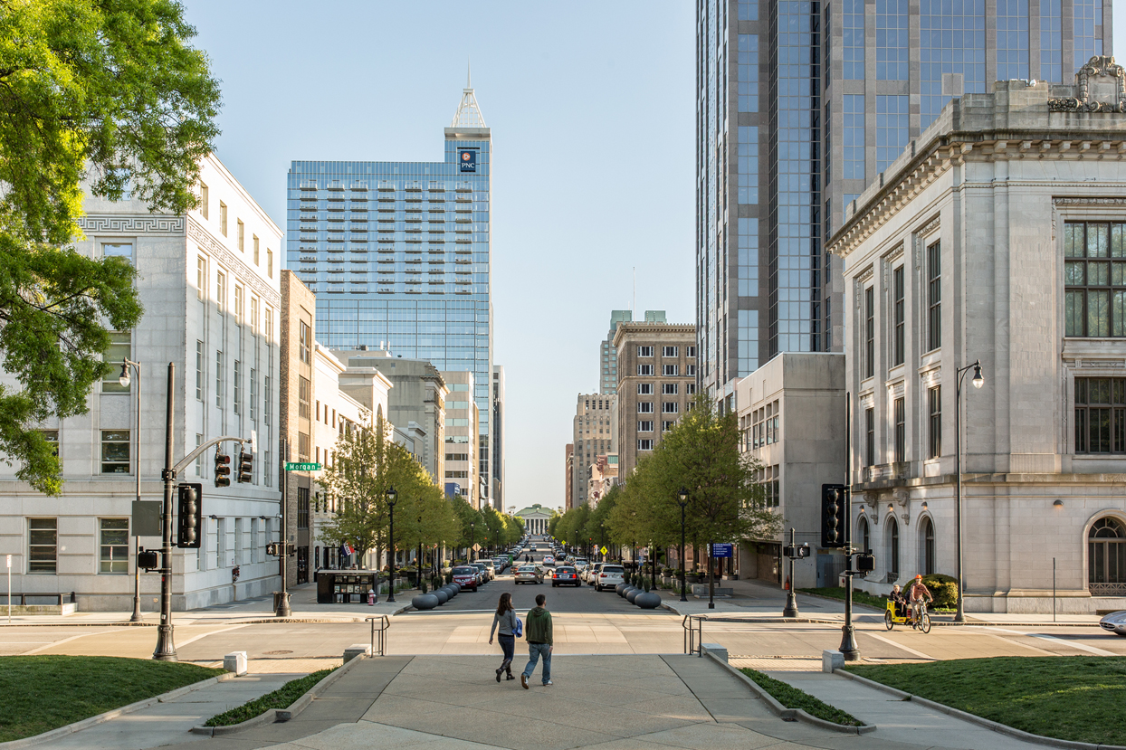 view down fayetteville street in downtown raleigh