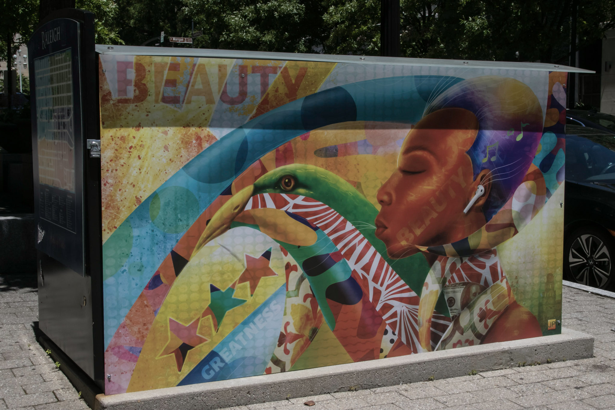 Newsrack art displayed on Fayetteville Street in downtown Raleigh