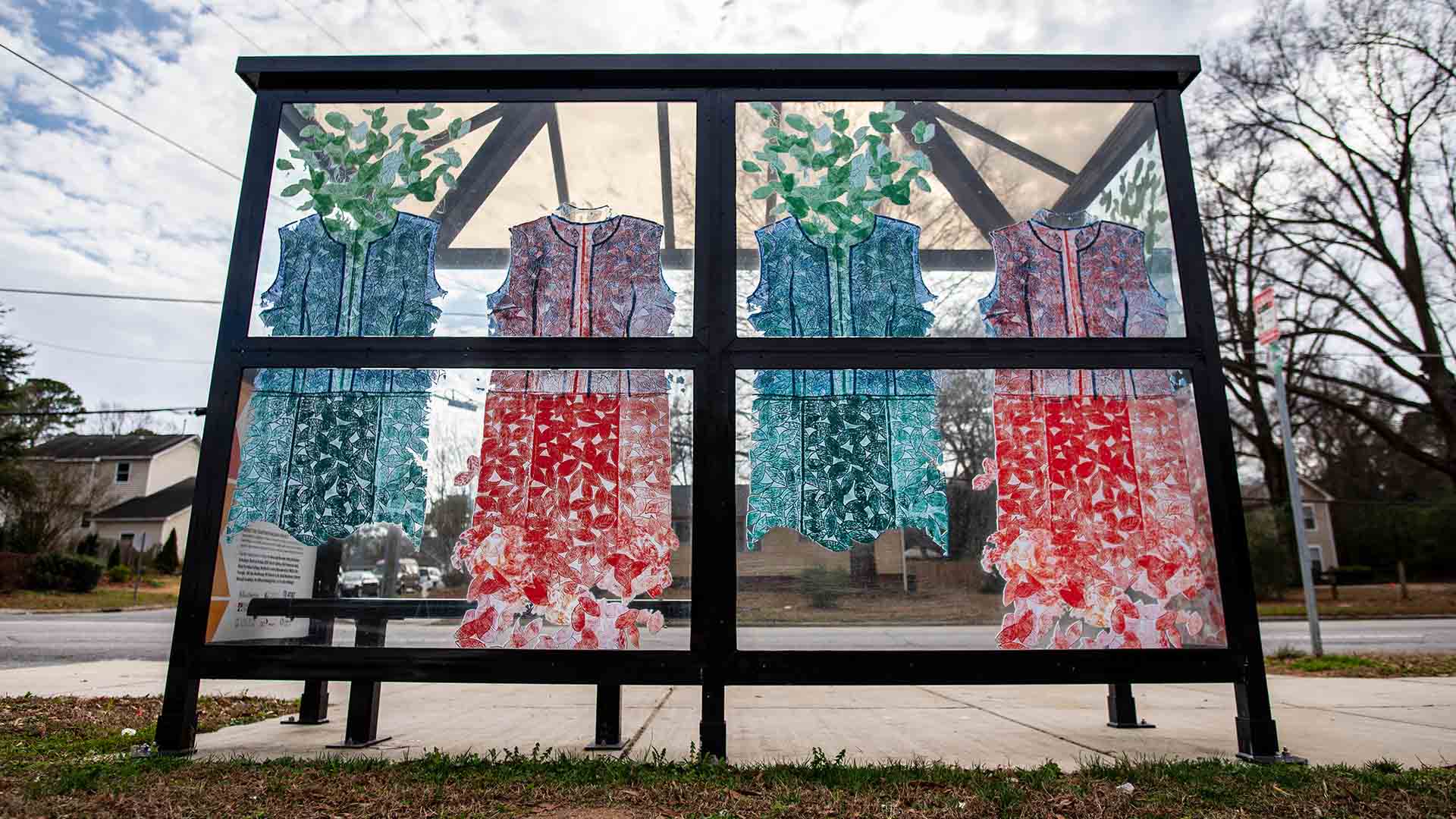 A vinyl wrap on a bus shelter by artist Joyce Watkins King