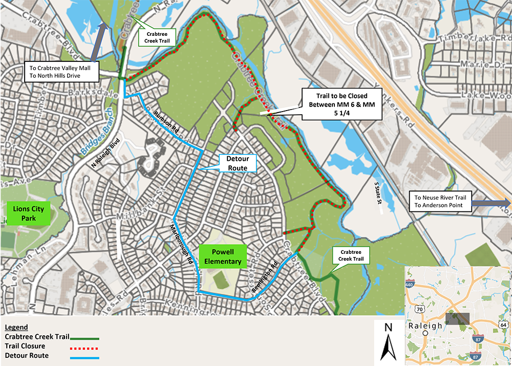 detour map for Raleigh Blvd greenway trail. Detour shown is Remington Rd to Marlborough Rd to Rumsome Rd. 