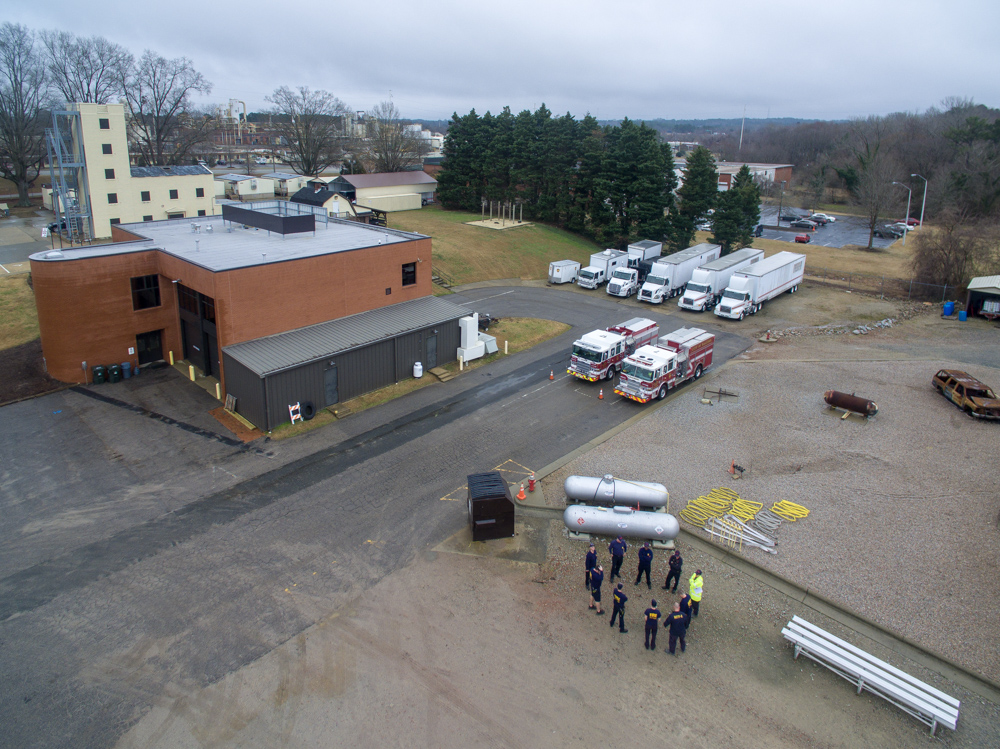 Aerial view of Raleigh Fire special operations vehicles