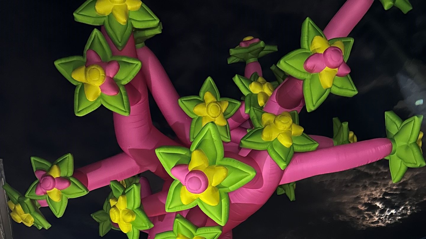 Detail of a large colorful inflatable flower made by an artist. 
