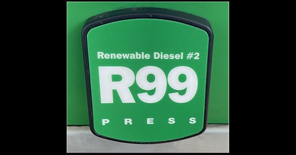 Image that shows a fuel pump section that reads R99 Renewable Diesel 