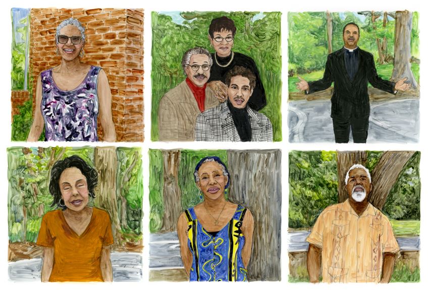 Drawings of six community members.