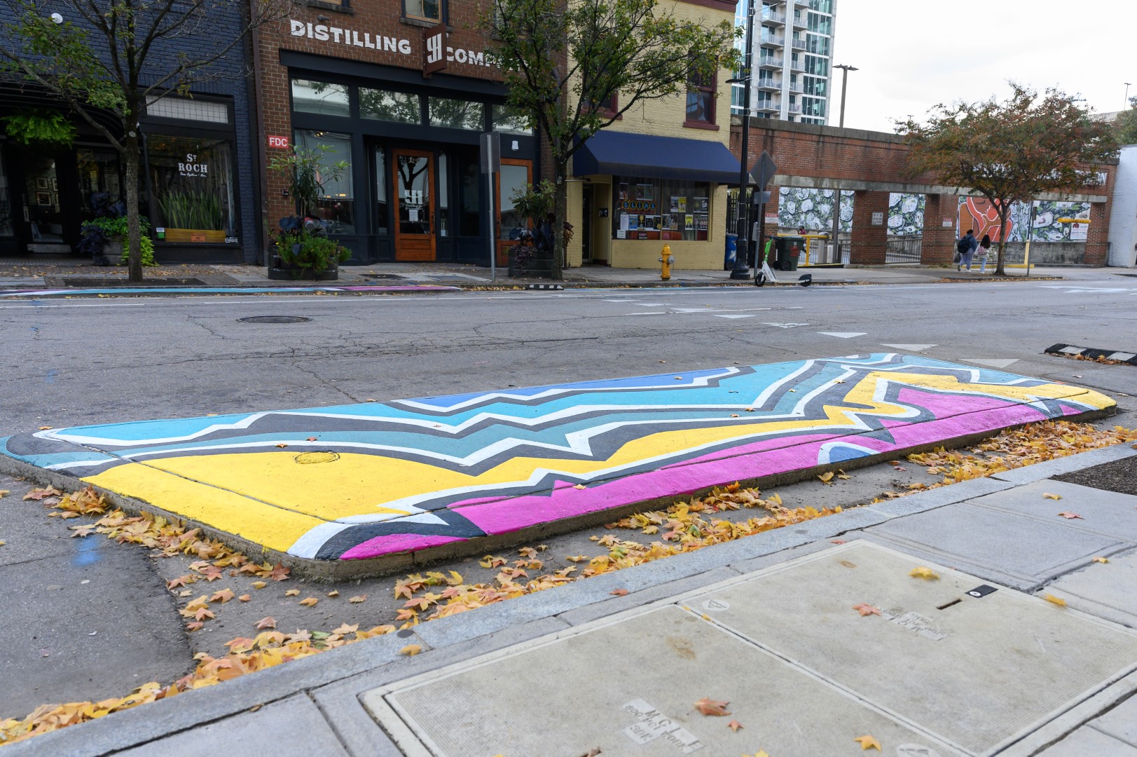 Painted concrete with colorful graphic lines. 