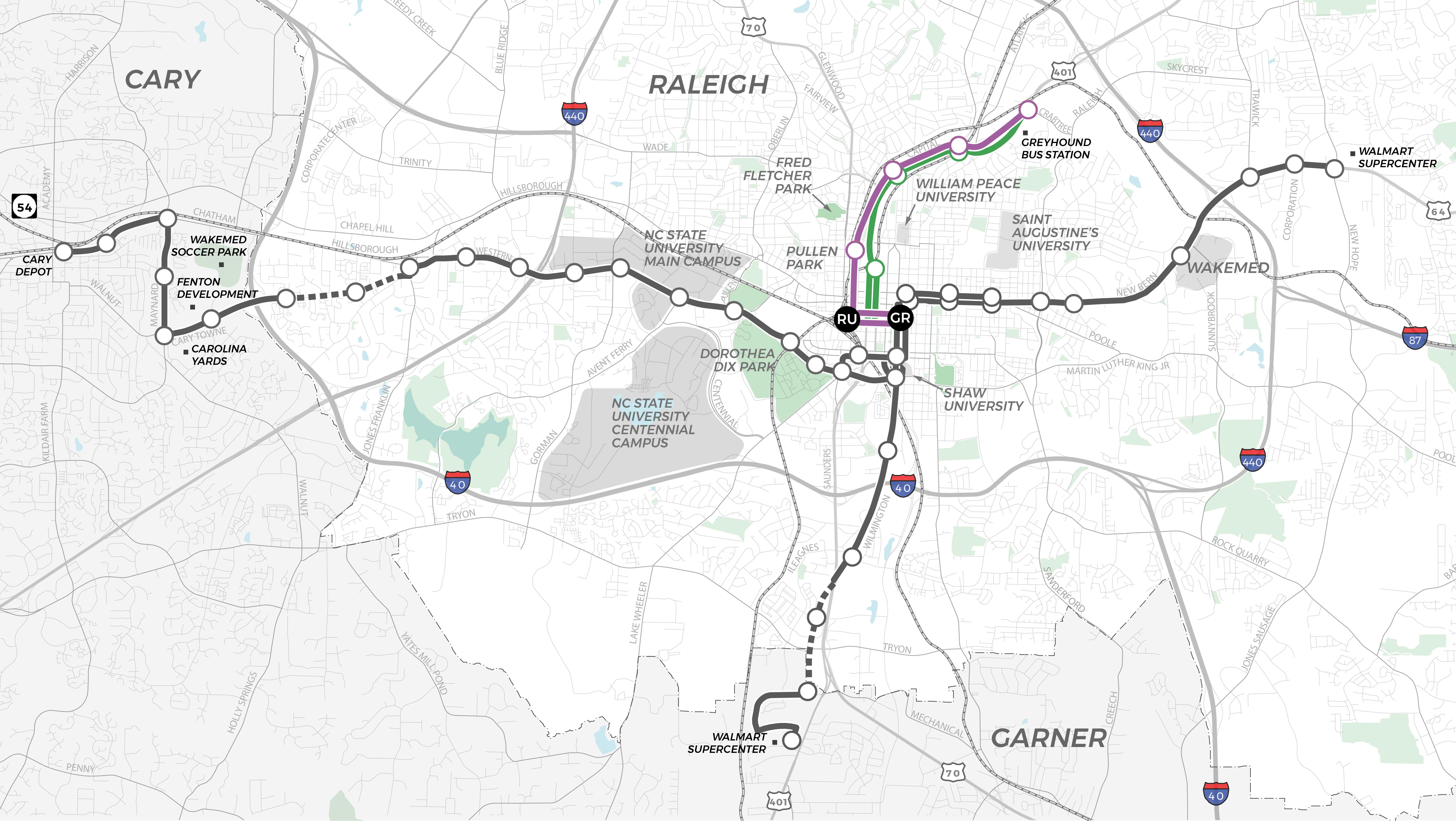 Map of BRT corridors in Raleigh