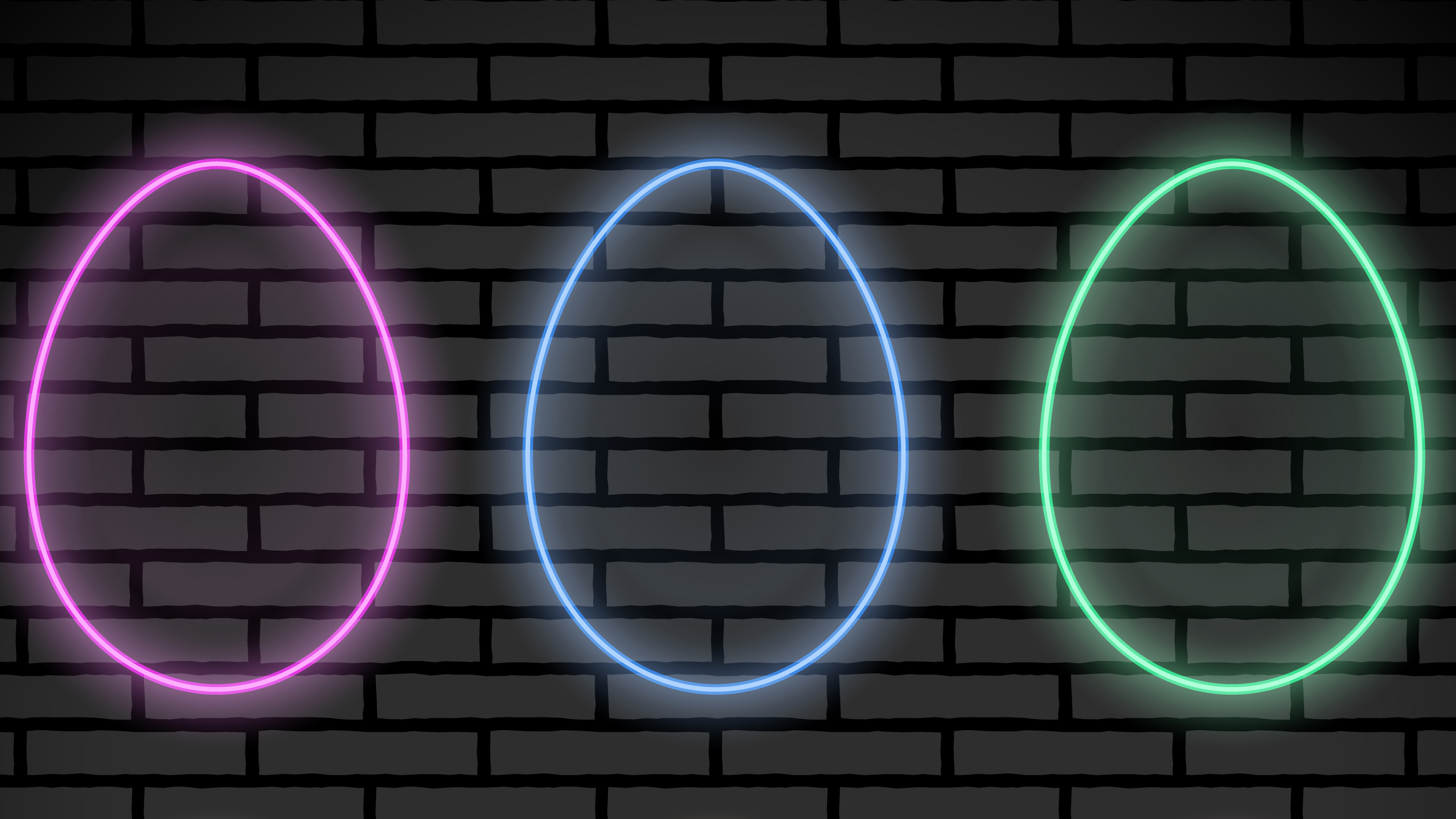 neon lights in an egg shape on a black brick background