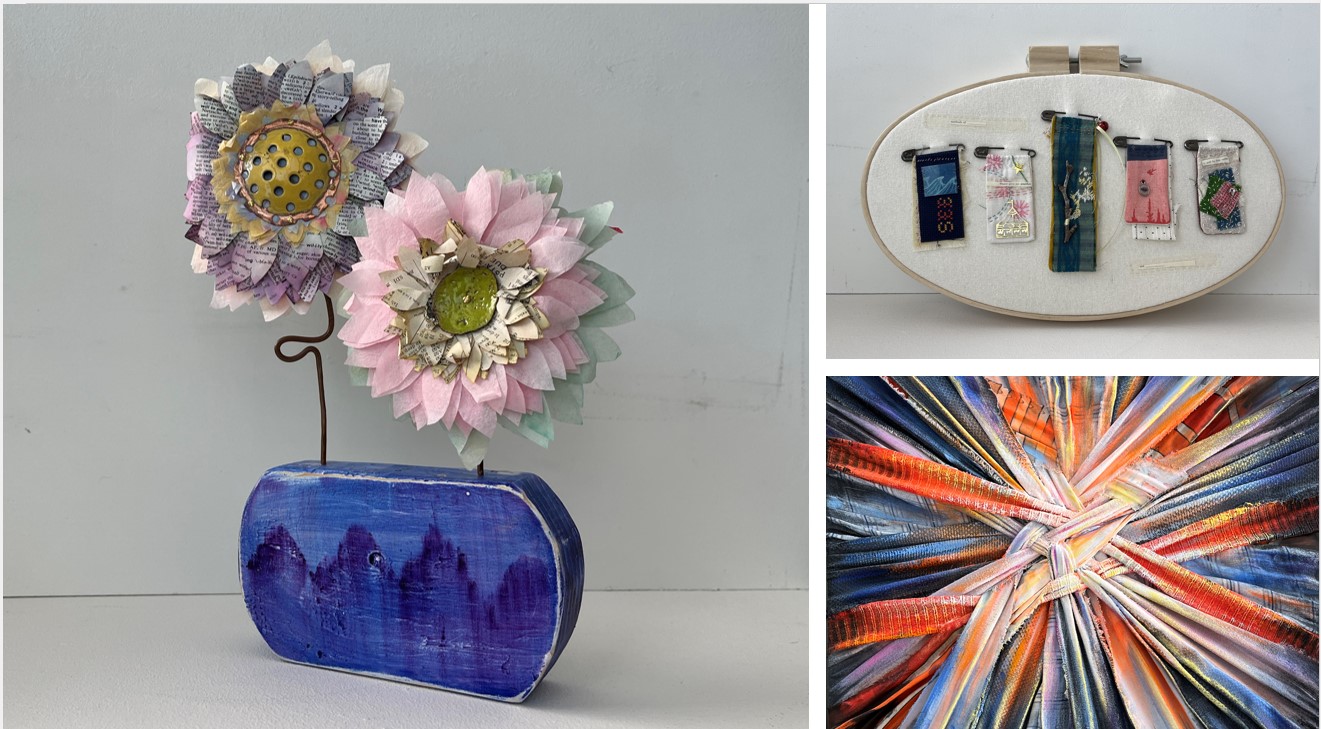Three artworks inccluding handcrafted metal flowers, geometric fiber and embroidery.