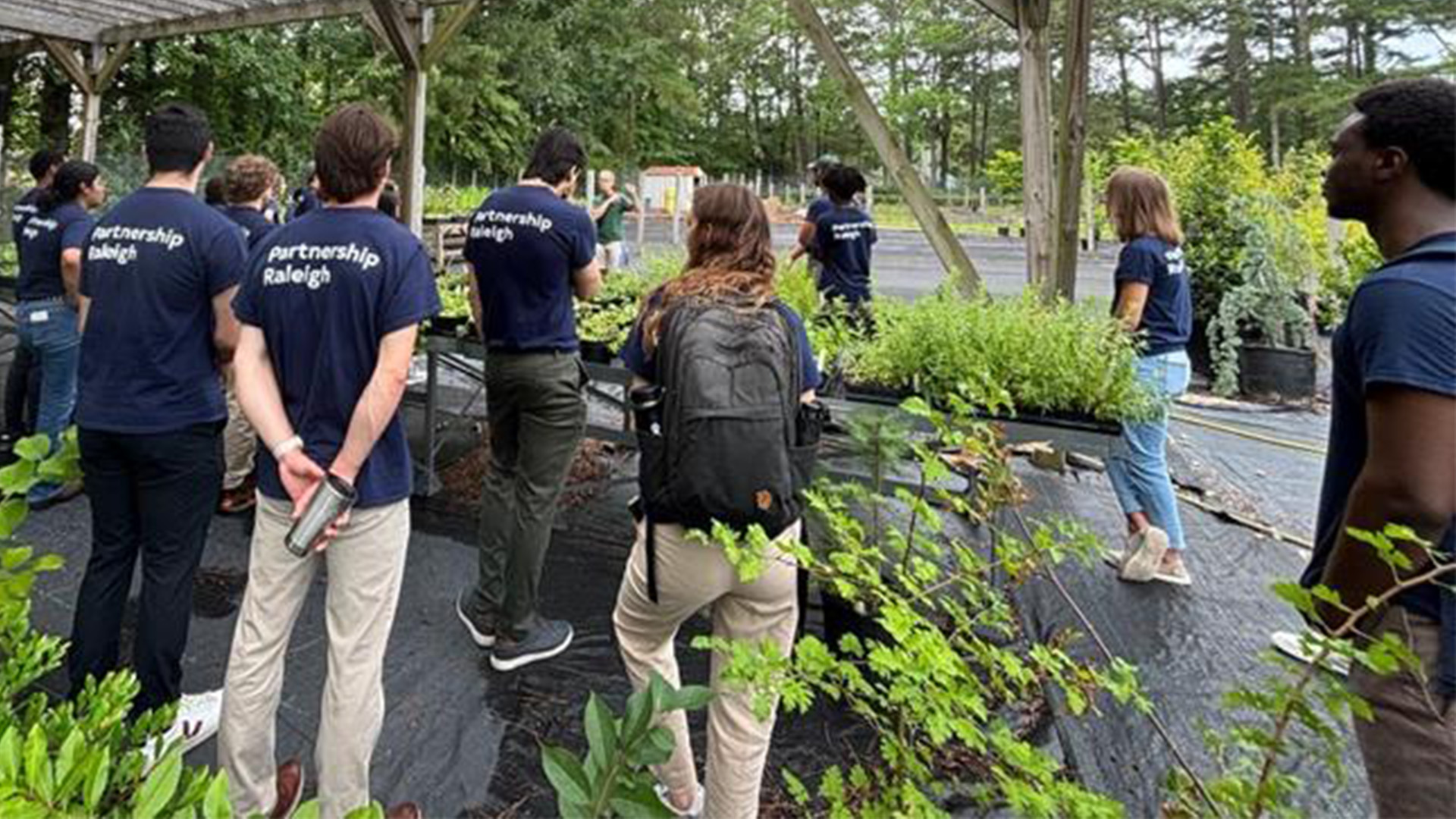 People with black Partnership Raleigh t-shirts looking at plants at a nursery
