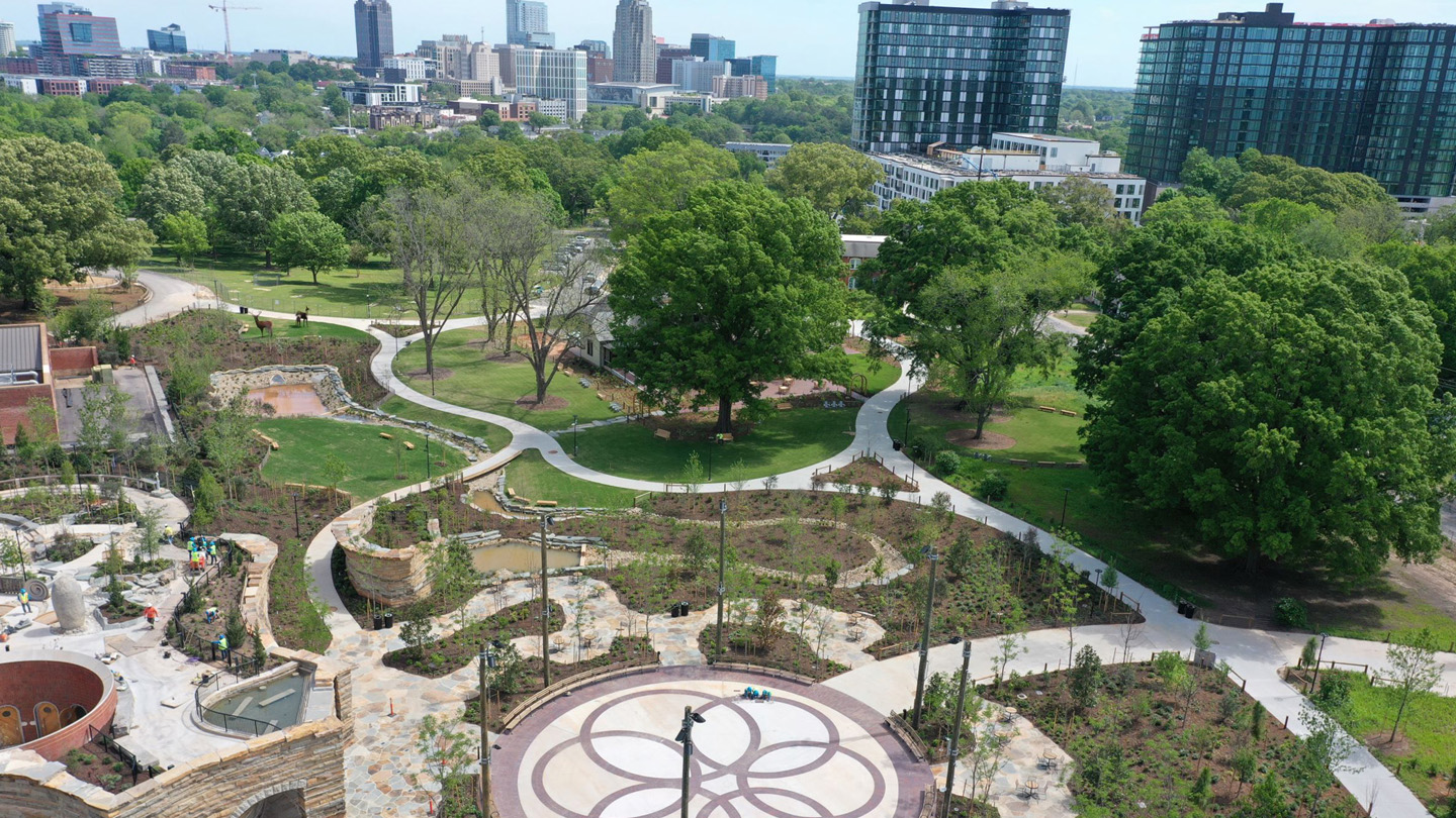 Aerial image of the Gibson Play Plaza at Dix Park