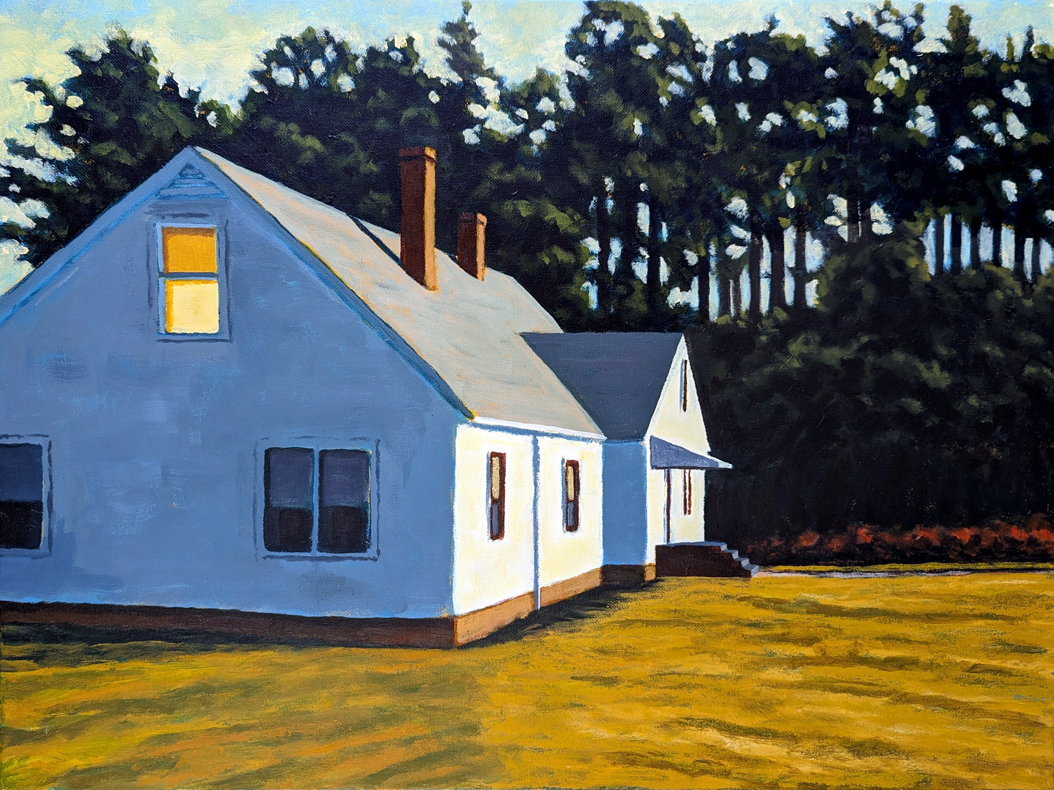 painting of white house with the sun reflecting off the front of the house. Tree silhouetted in the background