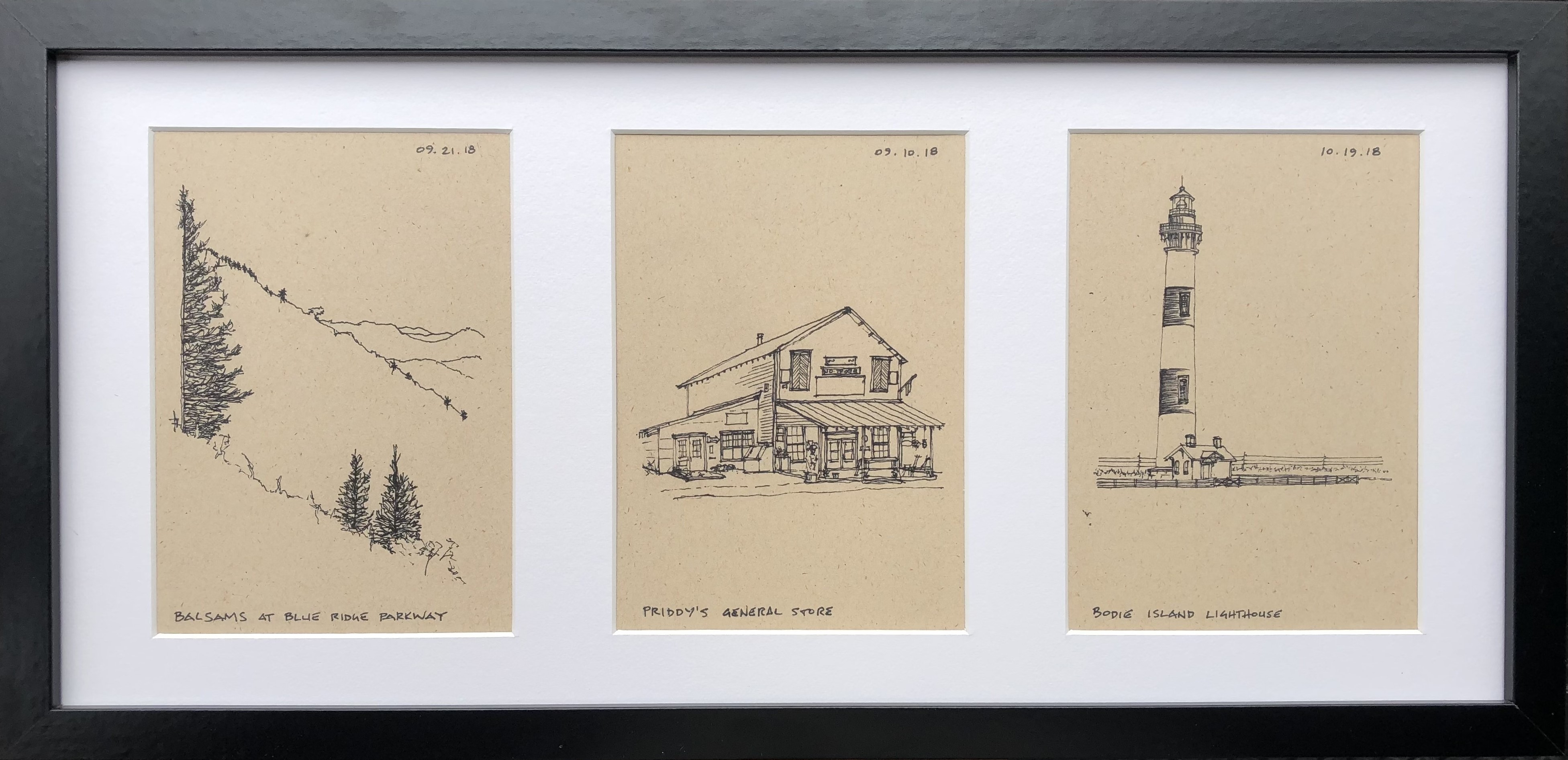 Three ink sketches of a mountain, general store, and light house
