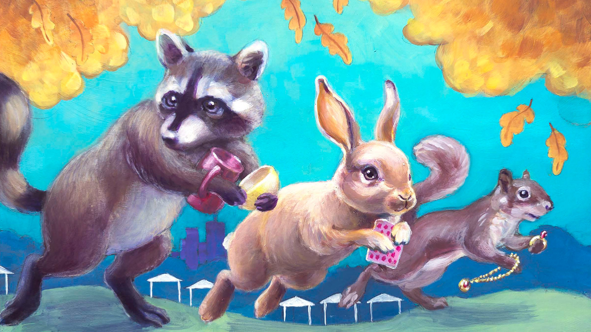 Illustration of a raccoon holding pottery, a rabbit holding a print, and a squirrel holding jewelry as they leap in front of the downtown Raleigh skyline and arts fair vendor tents
