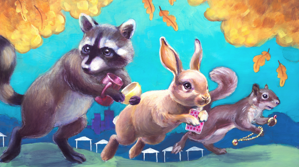 A raccoon, rabbit, and squirrel holding artisanal goods with a blue background and yellow leaves