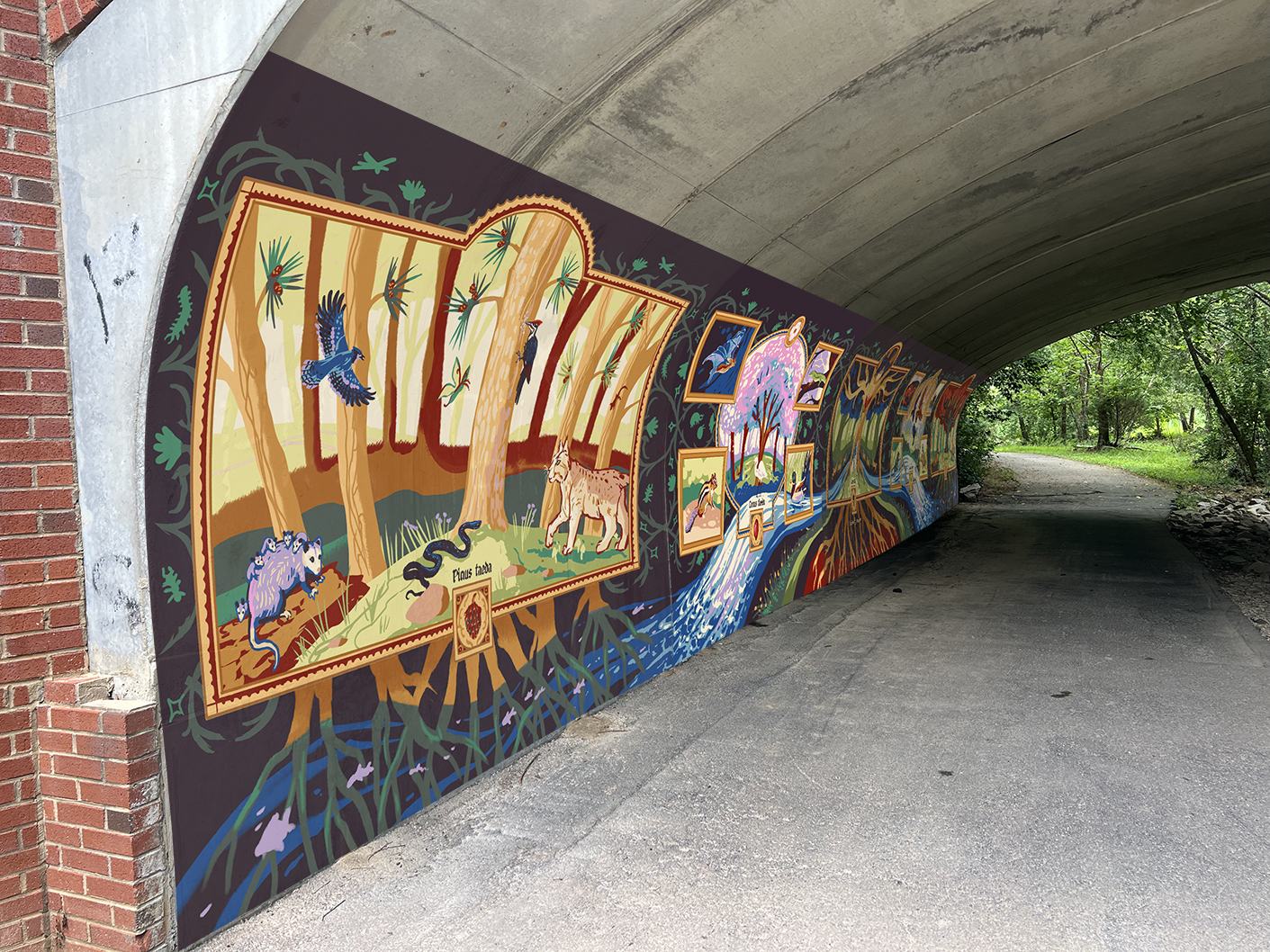 A mural within a greenway tunnel, painted with dark colors and depicting flora and fauna