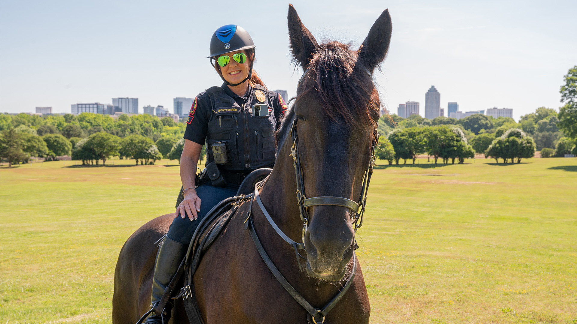 RPD's Williow is picked in a fireld with officer mounted with City skyline in the background