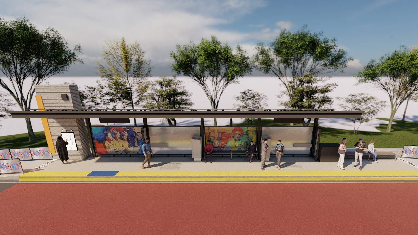 Rendering of a bus station with art on the glass shelter