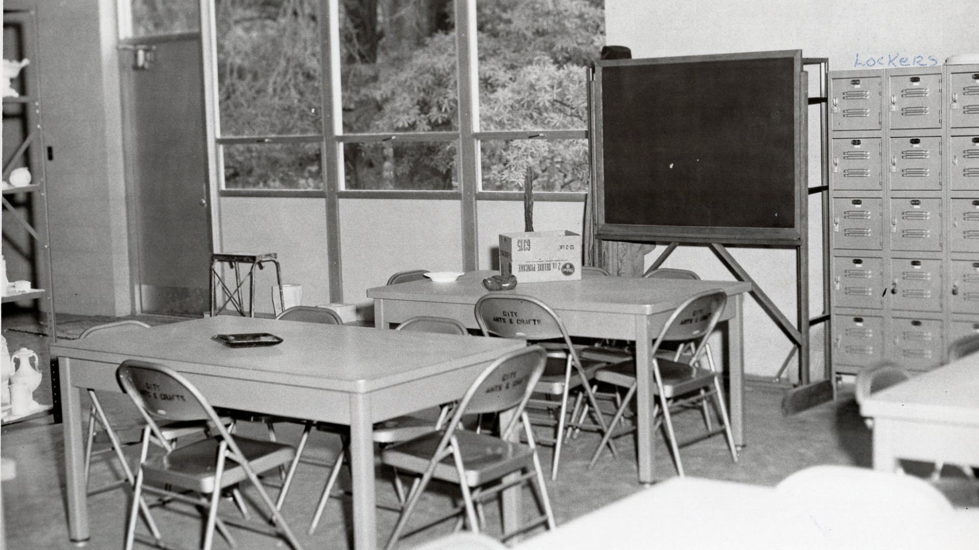 Black and white photo of glazing studio in Pullen Arts Center, 1961