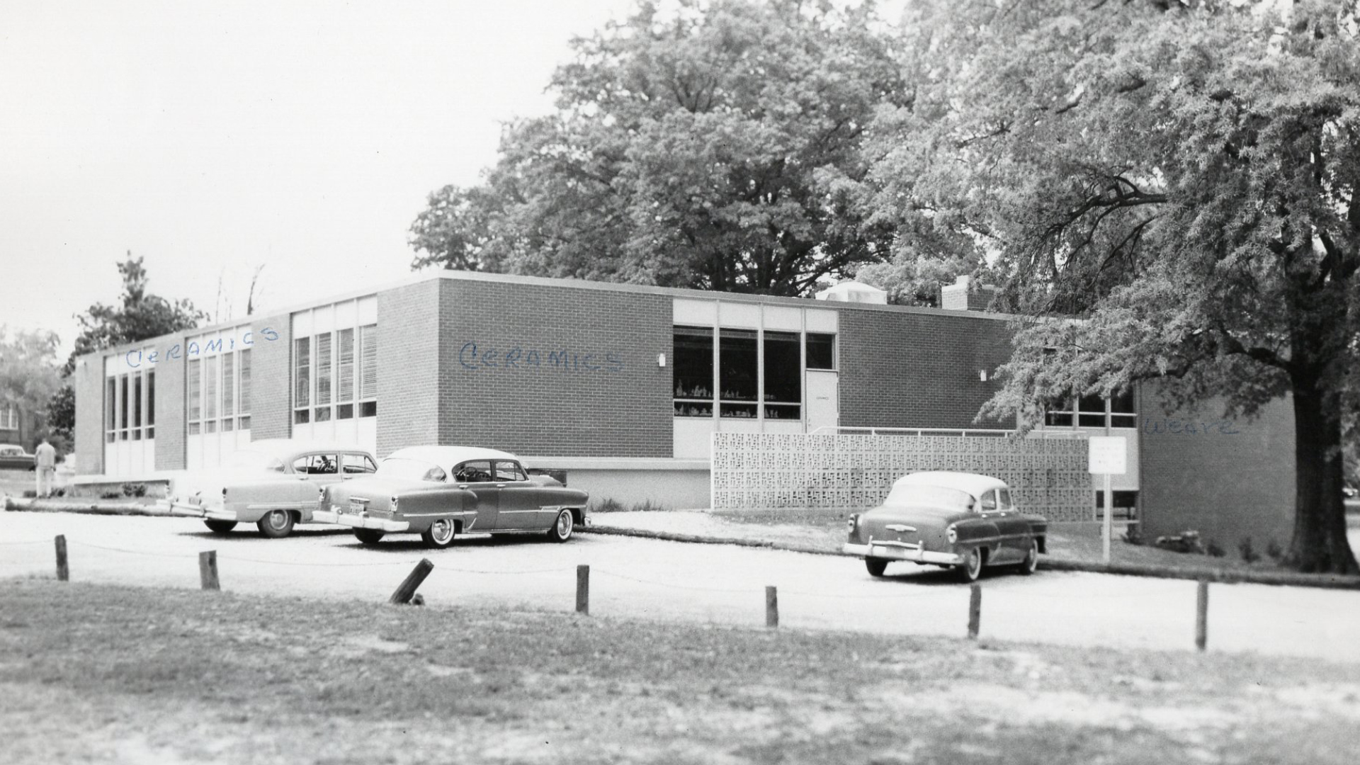 Black and white photo of the exterior of Pullen Arts Center building, 1961