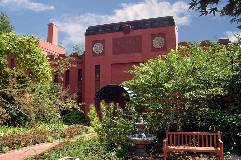 Exterior of a brick armory building that's used as a community theater