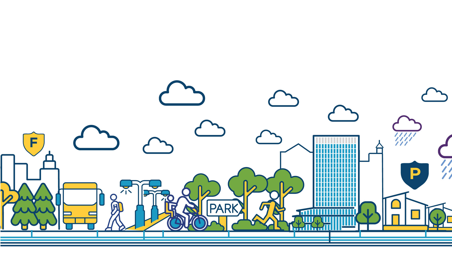 A cartoon-like rendering of City highlights - a bus, clouds, bikes, a runner, the new City Hall, parking, police, fire