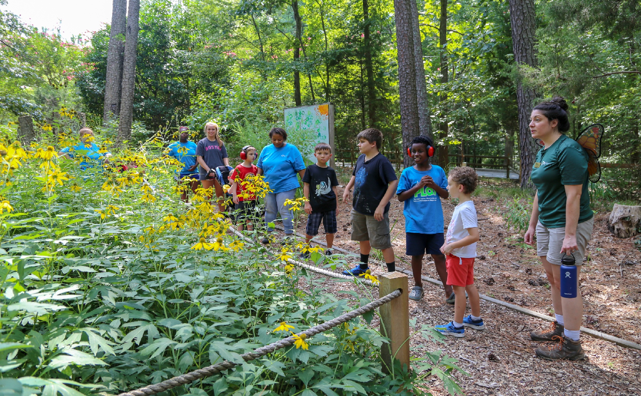 kids walking through a garden