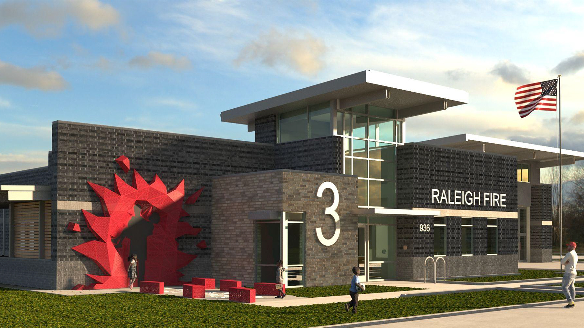 A large red sculpture is in front of a fire station labeled number 3