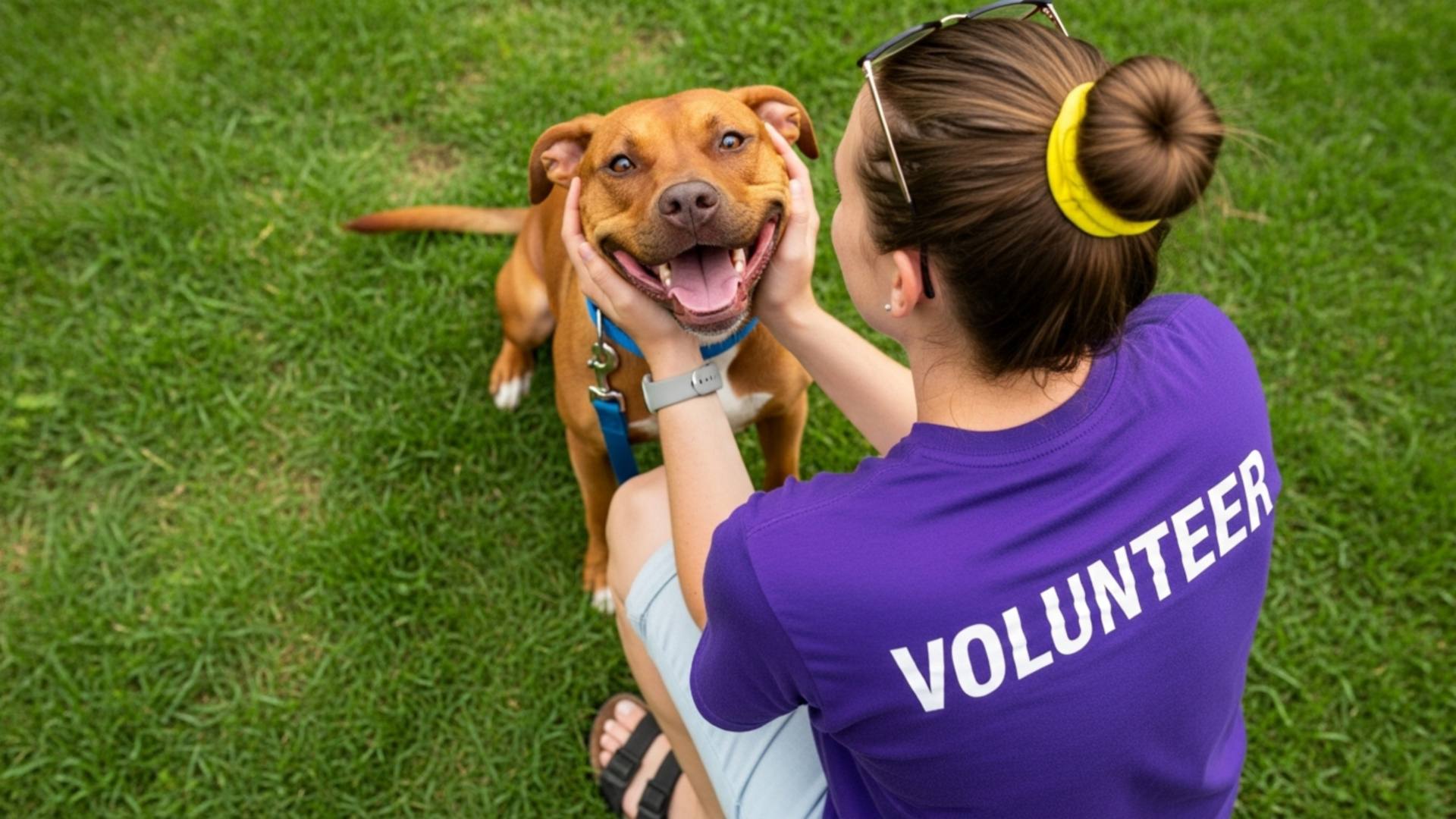 A smiling dog is cuddled by a shelter volunteer