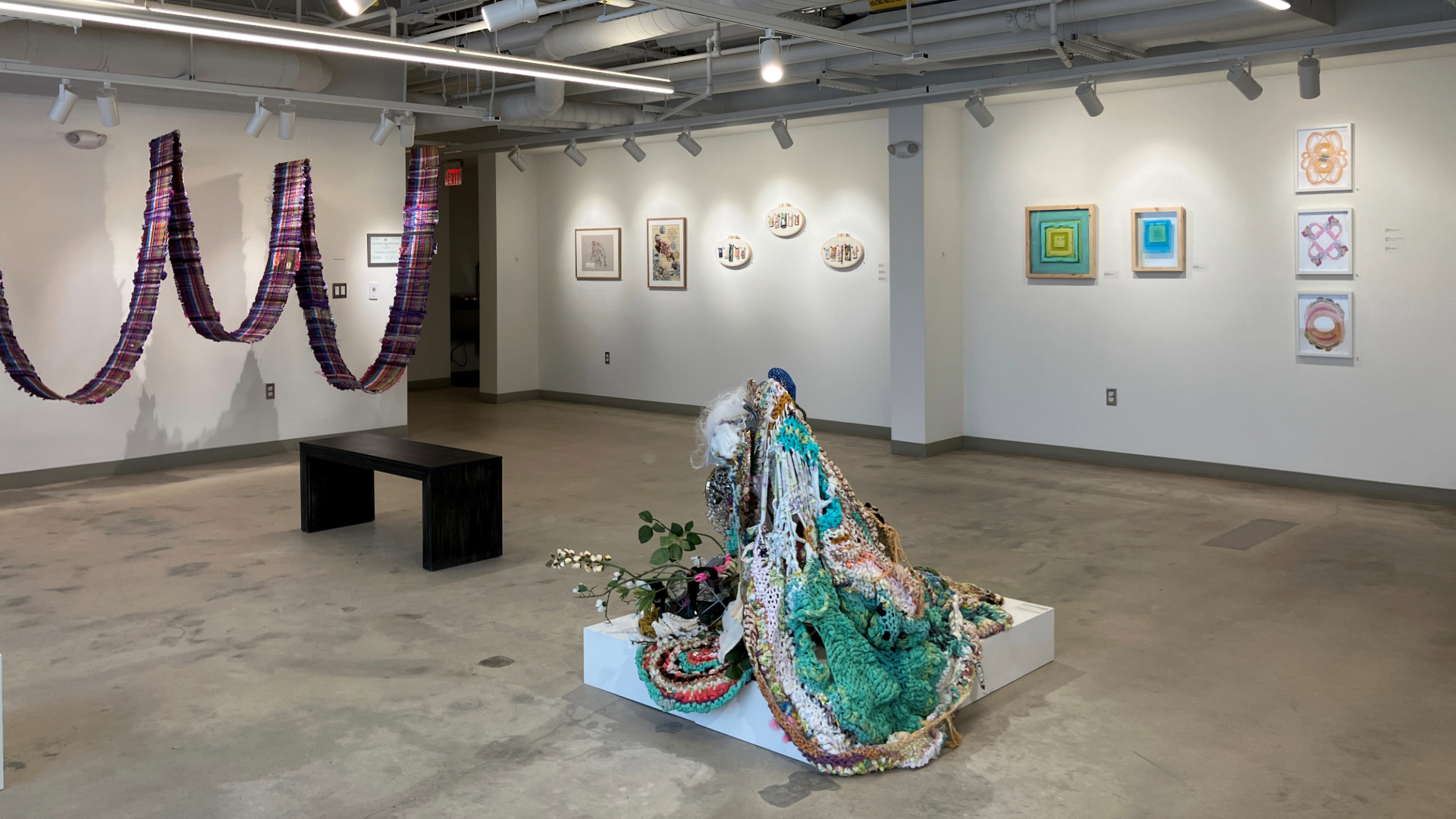 A wide view of a gallery space showing photographs and paintings hanging on walls