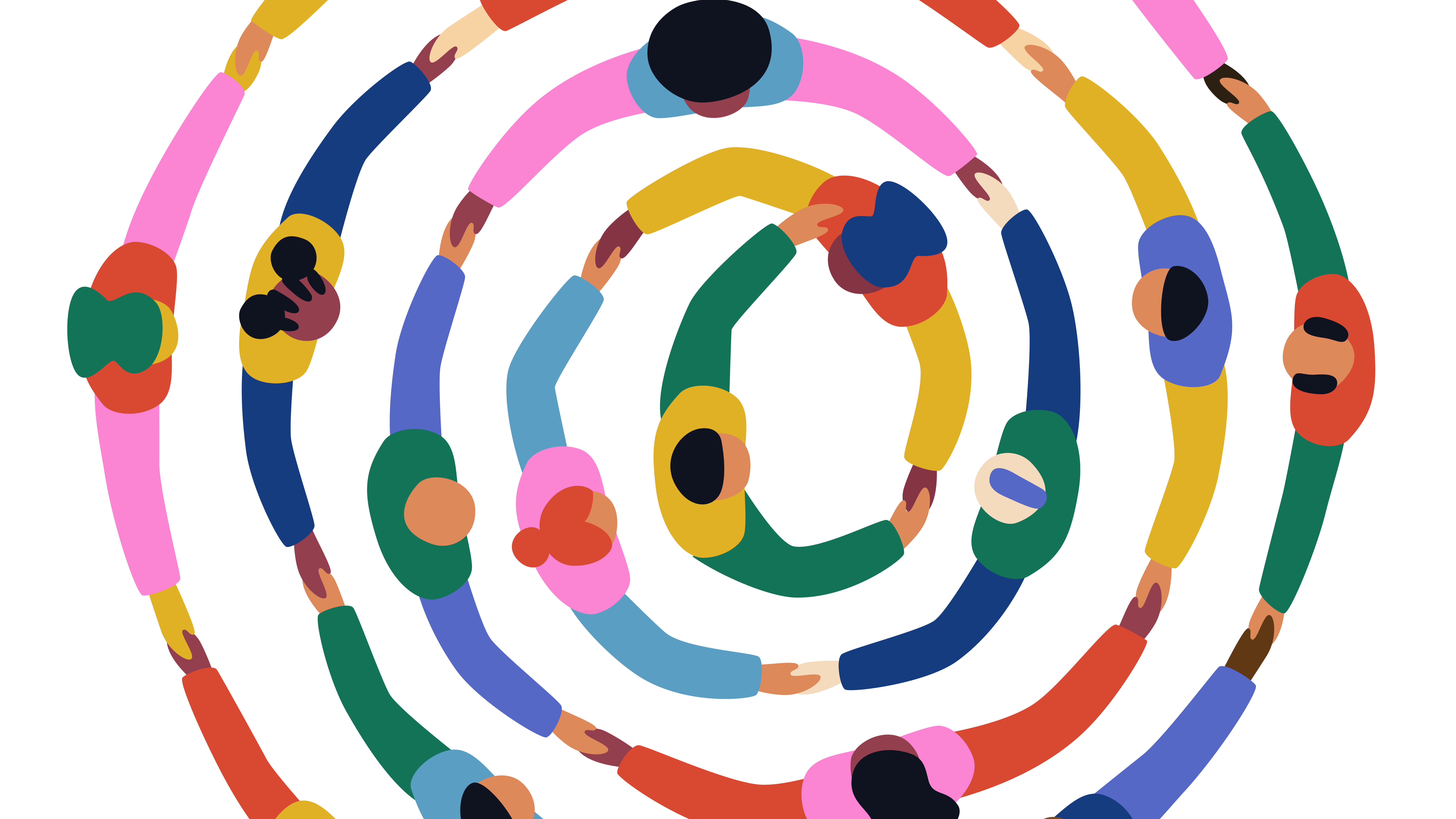 Illustration of people wearing colorful outfits holding hands, creating a spiral shape.