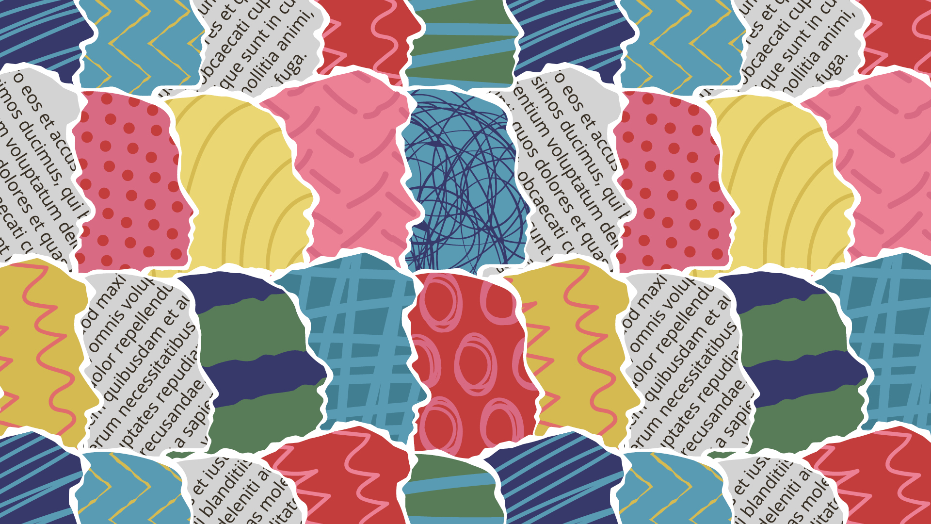 A collage of silhouettes colored with bright patterns and newspaper