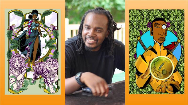 Two images of comics by Wolly McNair and his headshot