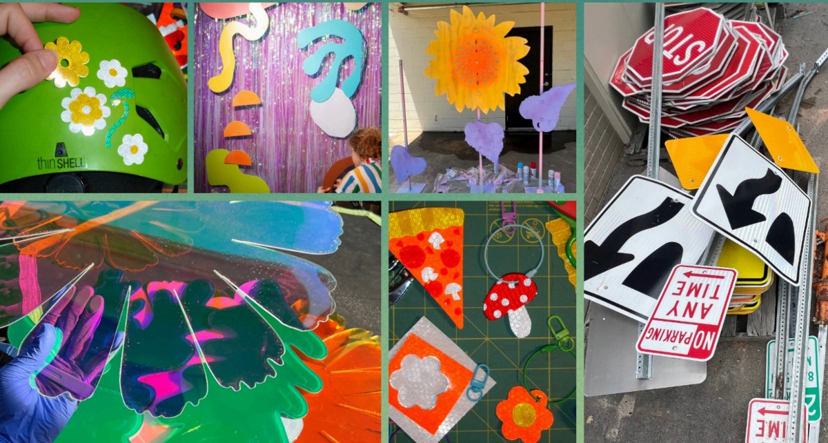 A collage of pictures taken at a sign shop. Images have different street signs and art materials.