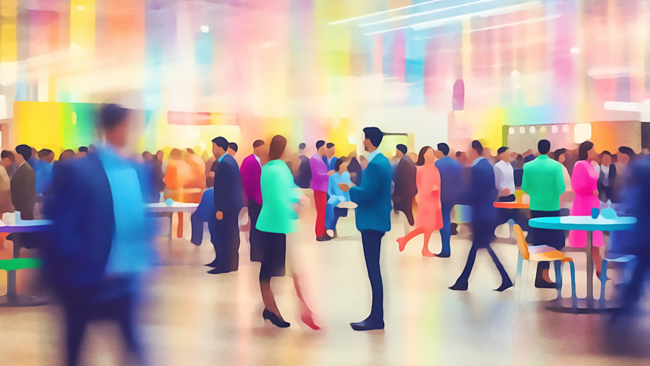 A colorful illustration of people wearing professional clothing at a business convening