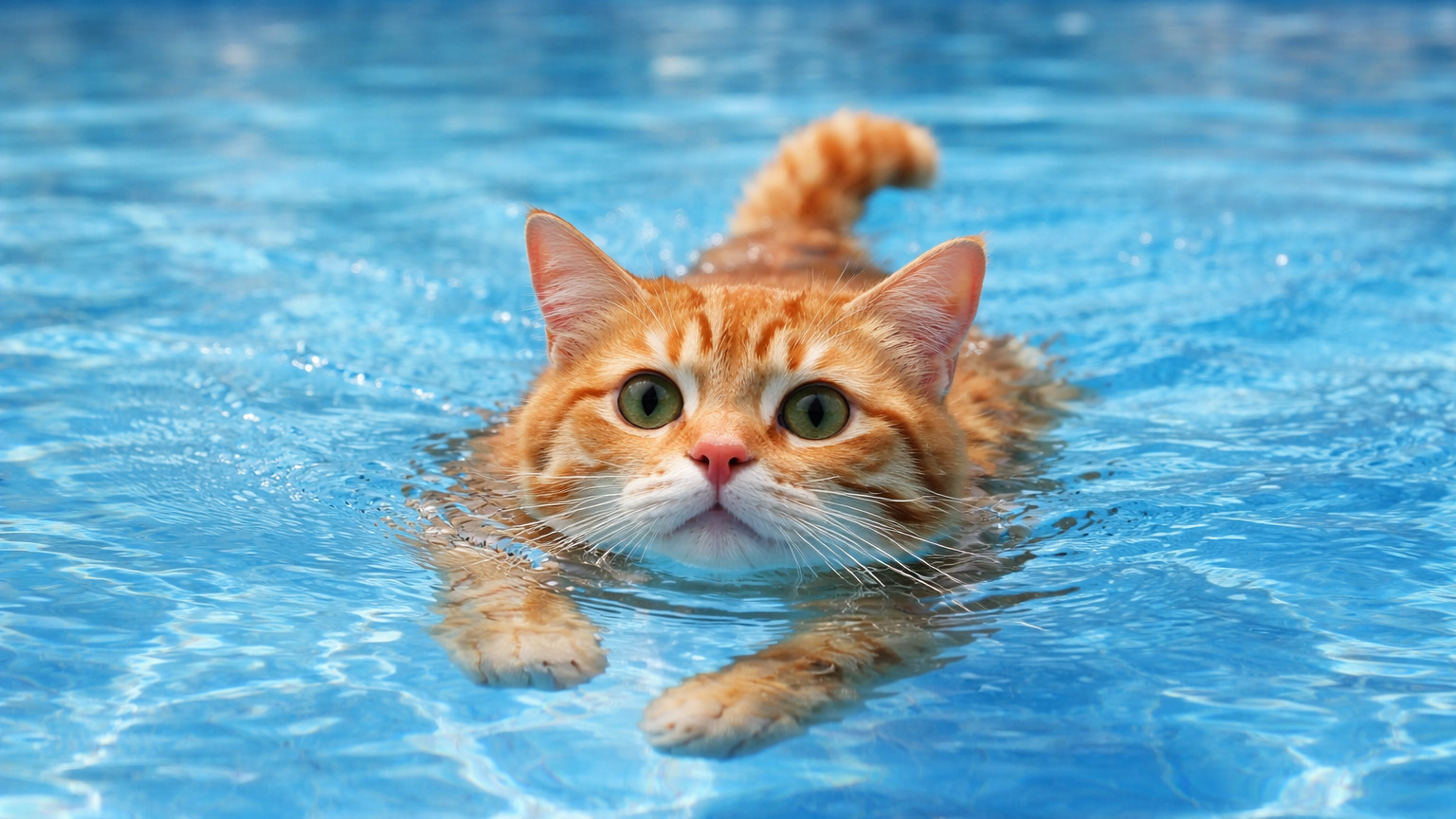a cat swimming in a pool