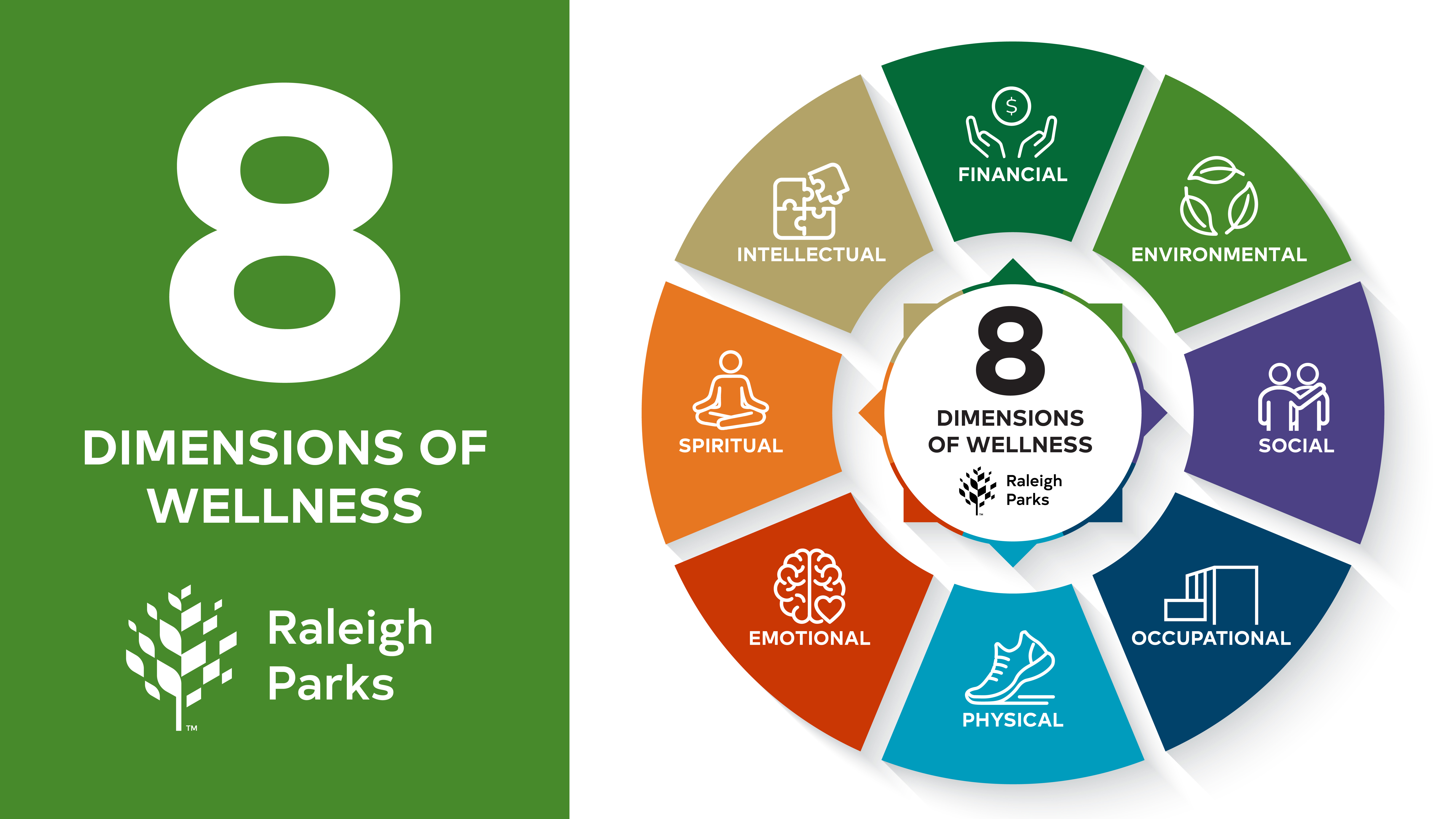 a diagram with the 8 dimensions of wellness on a wheel with icons - financial, environmental, social, occupational, physical, emotional, spiritual, intellectual 