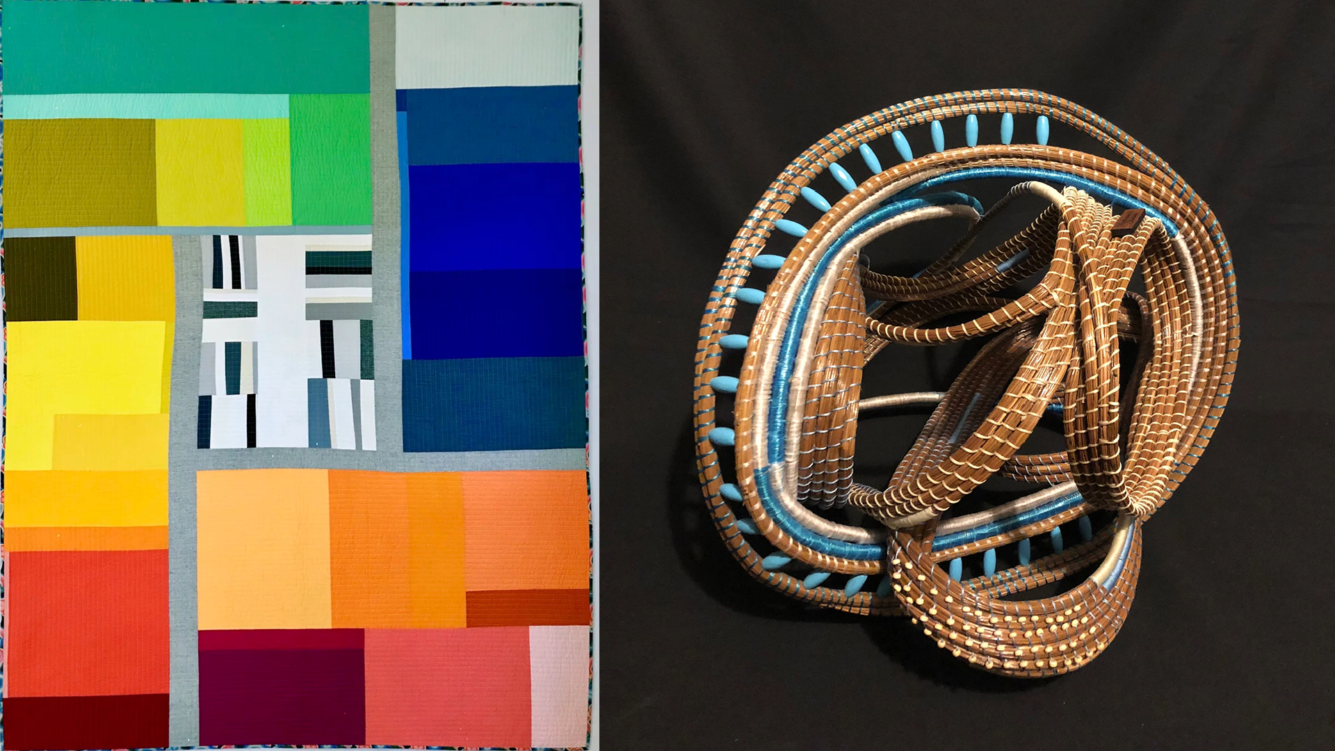 left-right: colorful fiber work quilt by Michelle Wilkie, sculptural abstracted basket weaving by Shakeeka Brooks