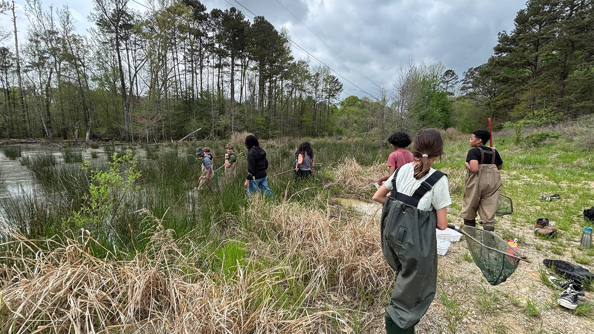 NEC students wearing waders and carrying nets make their way into a part of the wetland where water is currently knee-high
