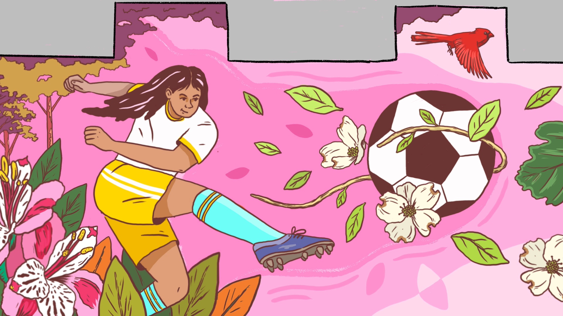 Mural of soccer player kicking ball on pink background