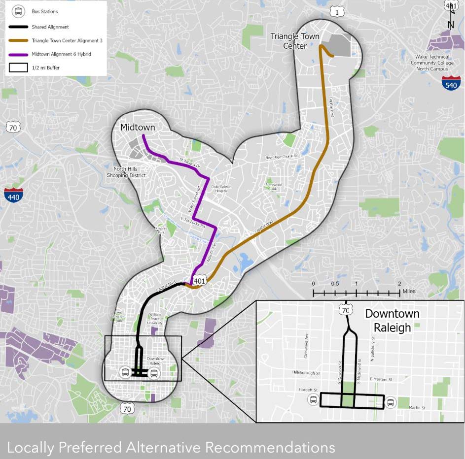 Map of BRT corridors in Raleigh