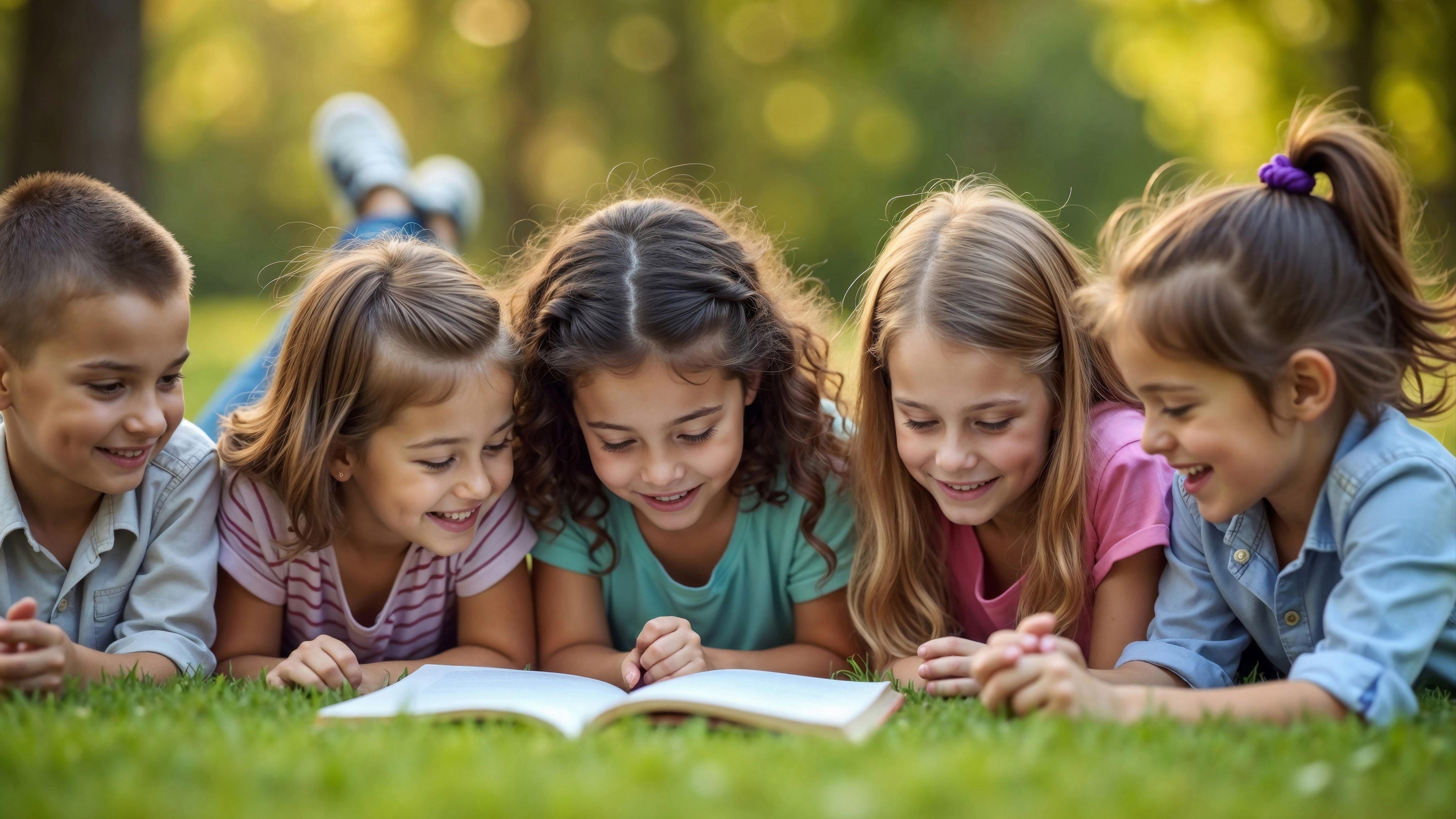 children reading a book on a green lawn
