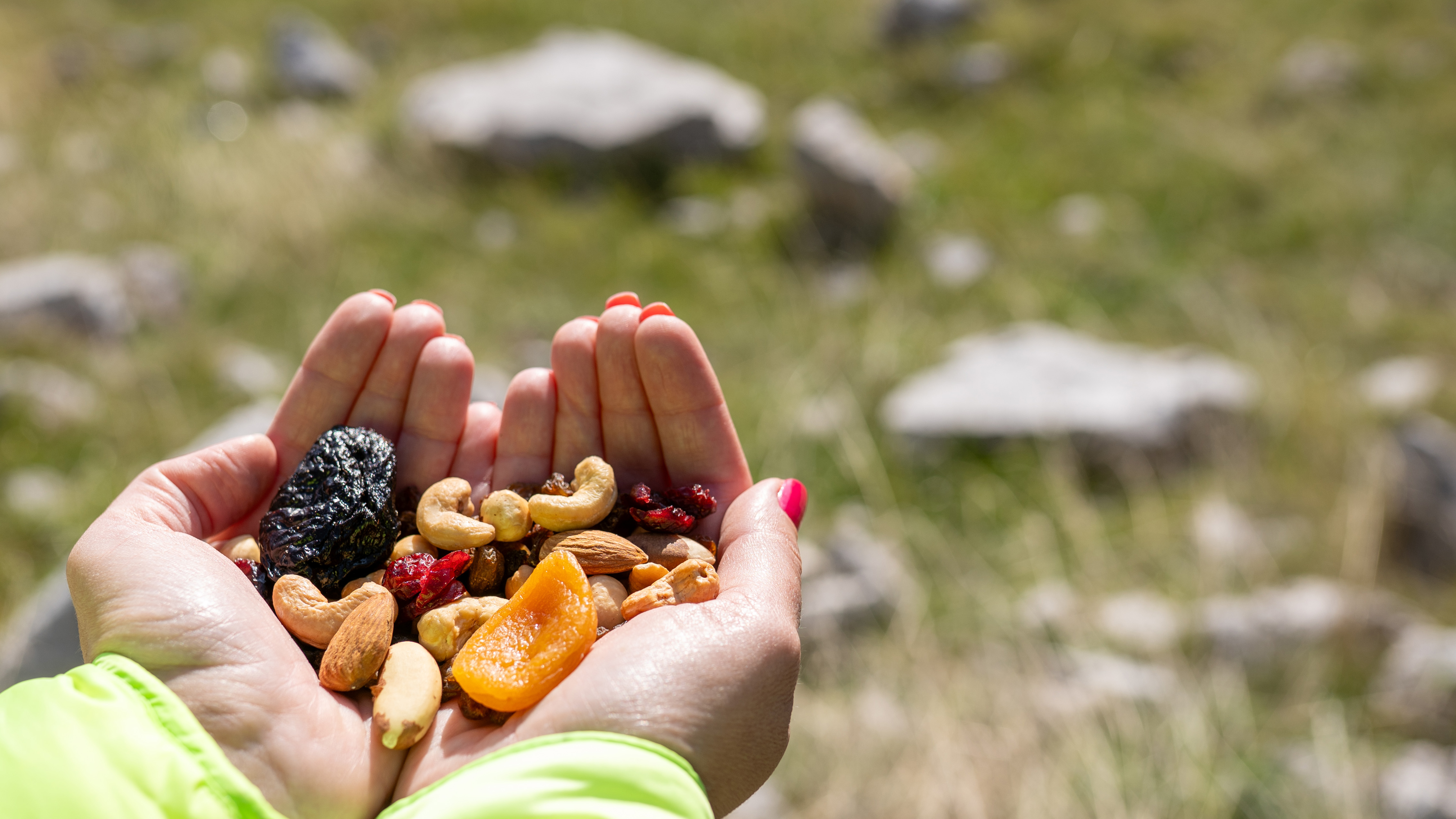 a close-up of hands holding trail mix outdoors